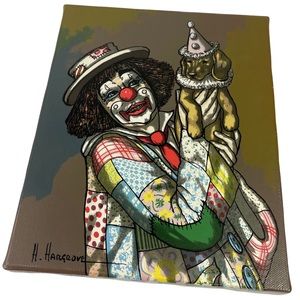 Vintage Unique Clown & Dog Original Signed H Hargrove Oil Painting On Canvas 90s